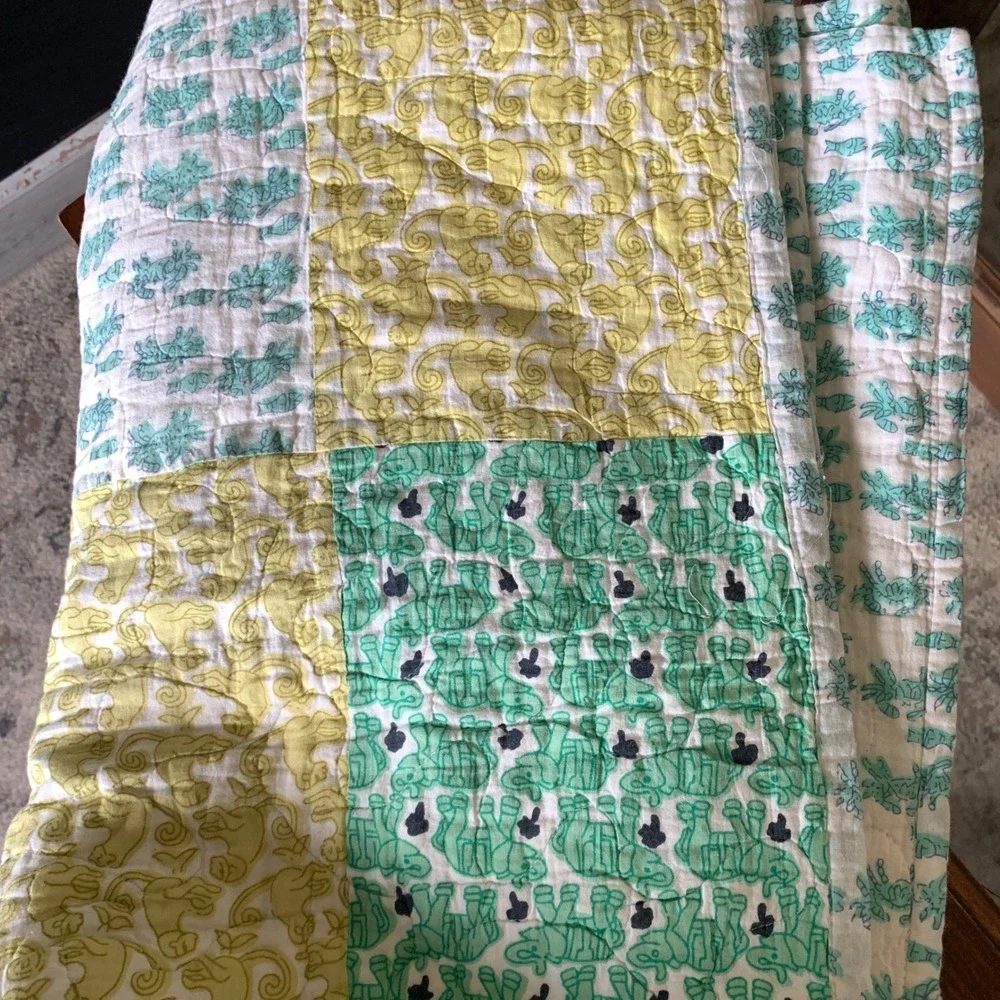 Quilted Patchwork Throw Blanket Multi Green 100% Cotton Block Print Animal‎